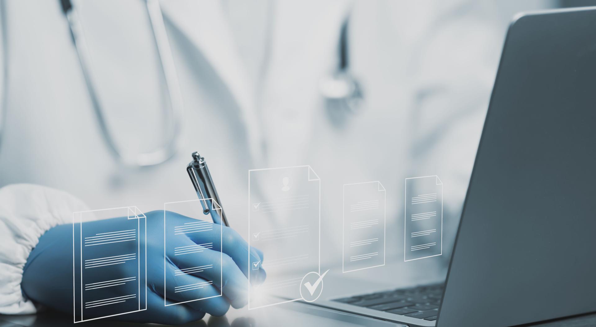 Digital healthcare technology and online medical record system with document workflow, treatment planning, insurance, data visualization, and modern health information management interface