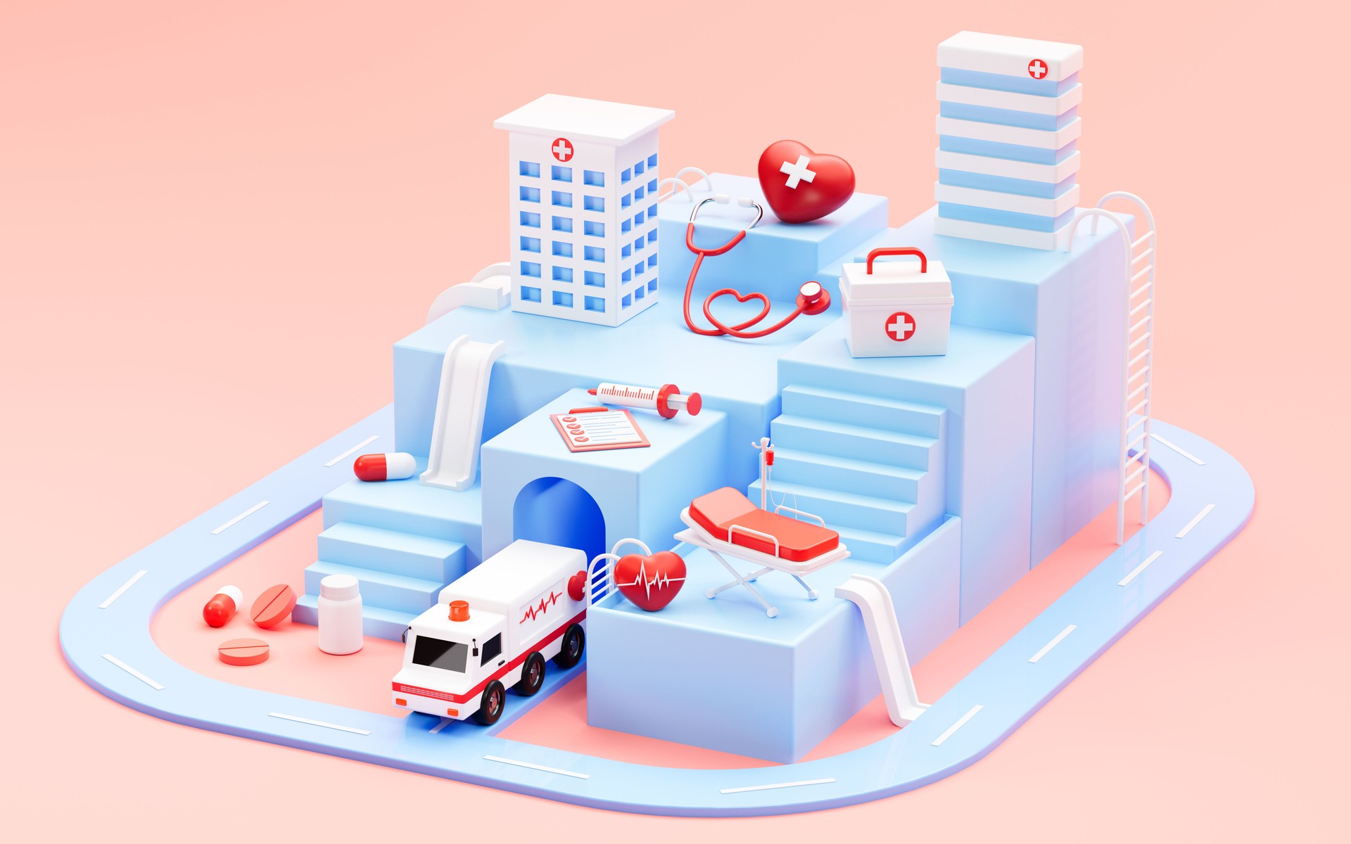 Blue hospital building model and medical apparatus and instruments, 3d rendering.
