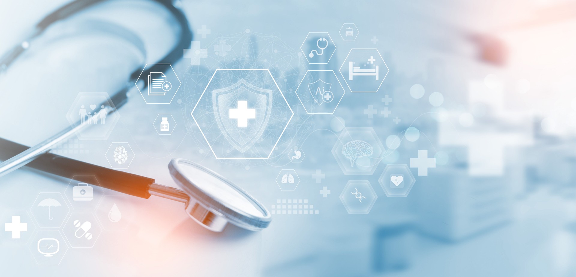 Medical technology healthcare and medicine concept. online health network, Medical stethoscope with medical technology icons,  healthcare and medicine, hospital background, Insurance