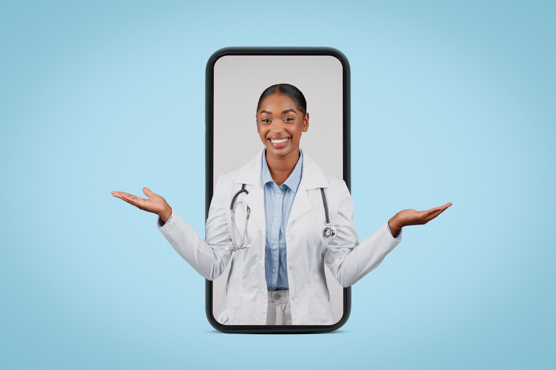 Positive millennial black woman doctor hold free space on hands on big smartphone screen