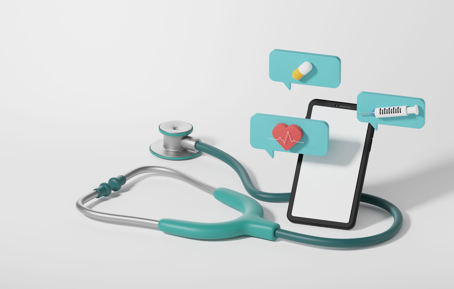 Message bubble on phone screen with stethoscope health check on white background.